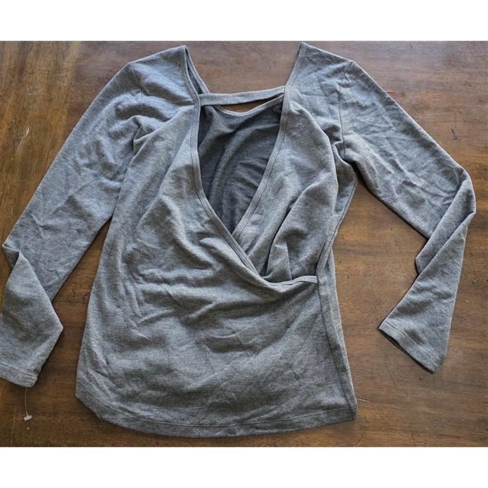 NWOT Marika S Deep V Ballet Surplice Charcoal Gray Long Sleeve Top 125279